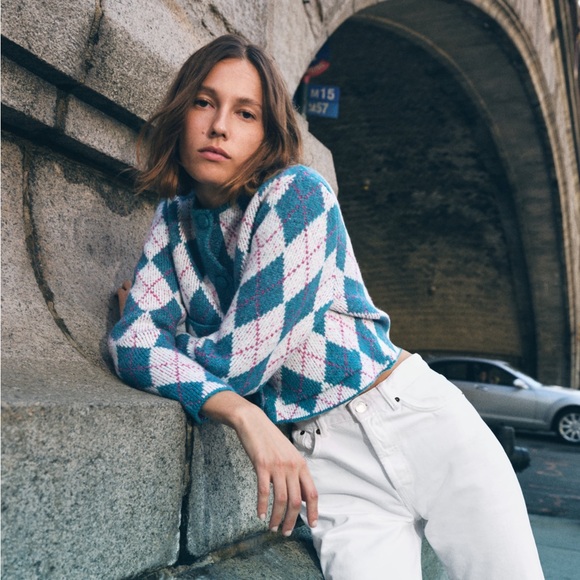 Zara Argyle Knit Jacquard Cardigan M - Picture 2 of 6